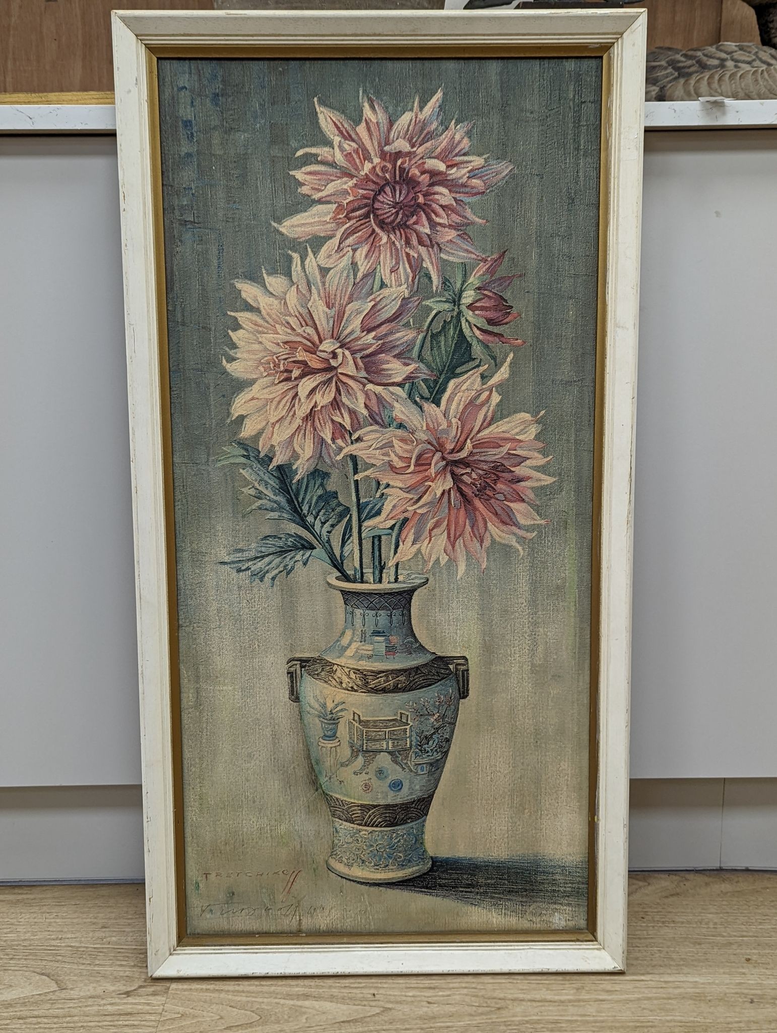 After Tretchikoff, colour print, Chrysanthemums in a Chinese vase, signed in the plate and also appears to be signed in pencil, 90 x 43cm